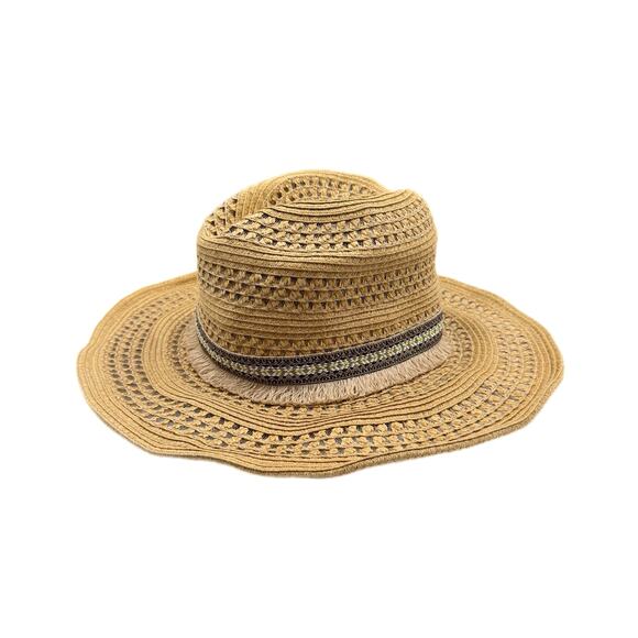 Scala OS Embroidered Fringe Tan Straw Woven Wide Brim Beach Summer Outdoors Hat main image 7